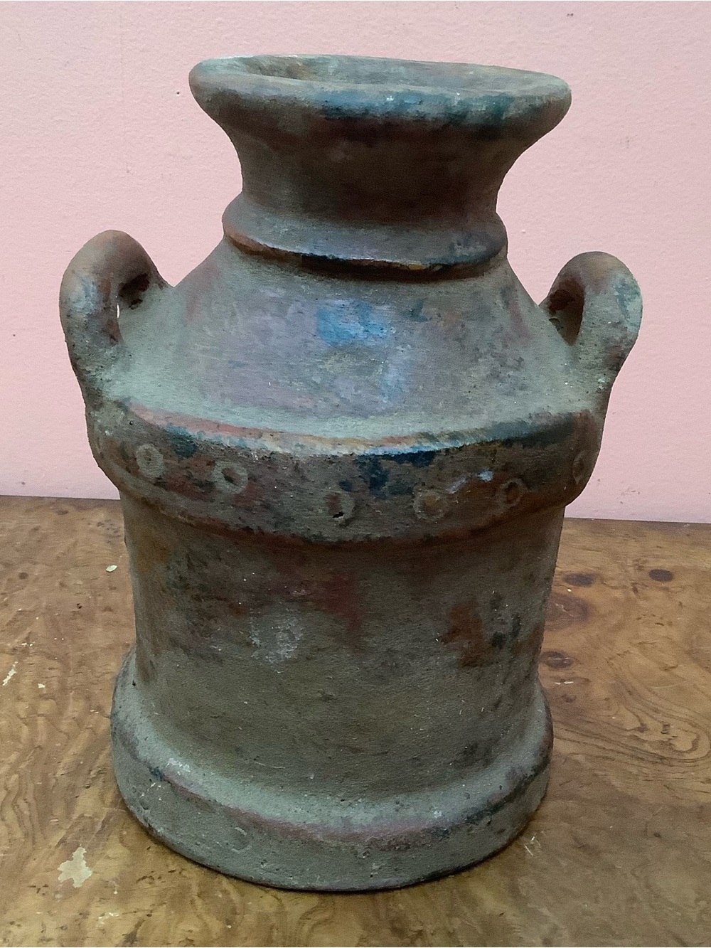 Rustic Terracotta Stoneware Jug Vase 2 Loop Handles Weathered Farmhouse Decor 9”